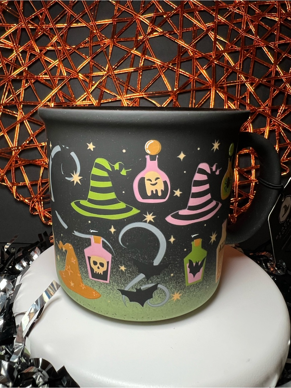 Black Green Ombré Halloween Witch Hats & Potion Bottles Stoneware Mug Bats Stars